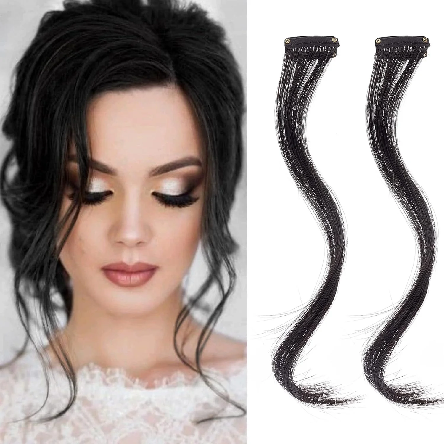 

Long side Air bangs, natural black fake tassel, wave curling clip thin air hair synthetic dragon beard hair receiver for women
