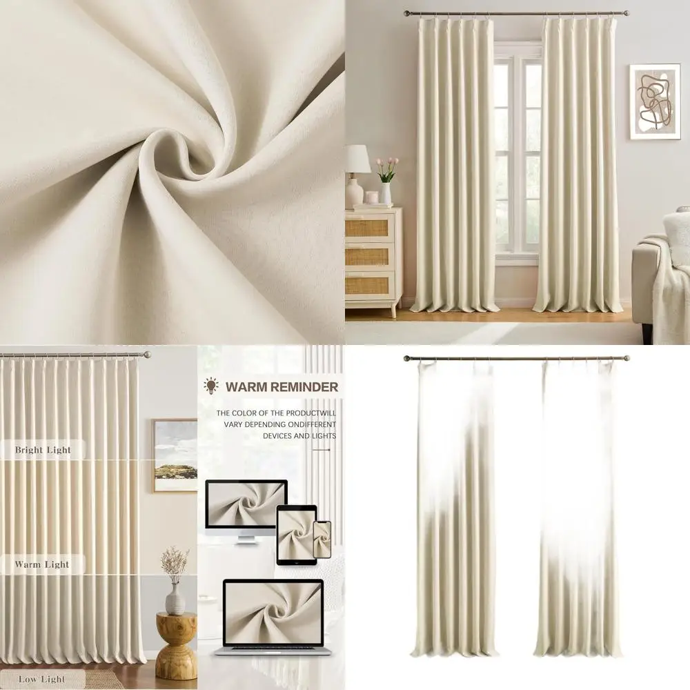 

Роскошные кремово-бежевые шторы блэкаут длиной 244 см, с плиссировкой и крючками, комплект из 2 штук для спальни/гостиной, нейтральные светонепроницаемые.