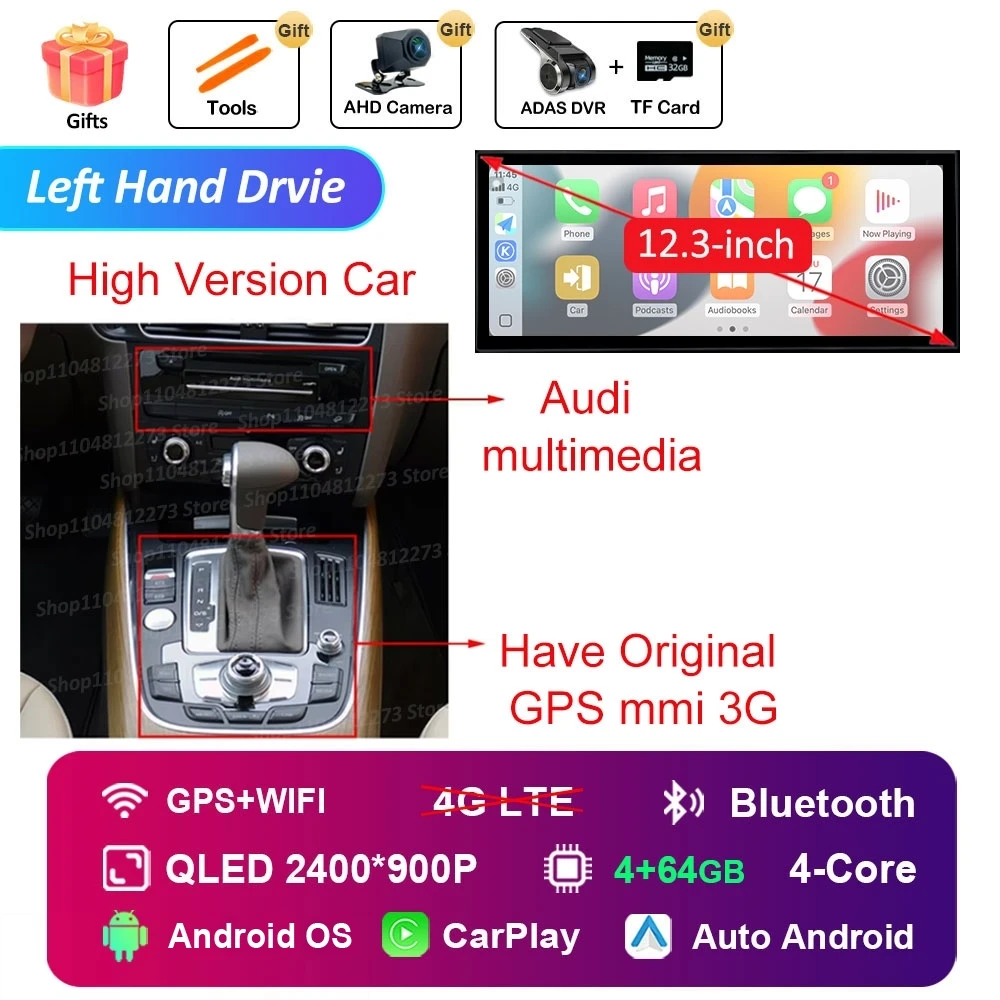 Linkerhand Drvie voor Audi A4 B8 A5 2009-2016 Autoradio Videospeler Android 16 Carplay Navigatie GPS 4G HD Touchscreen