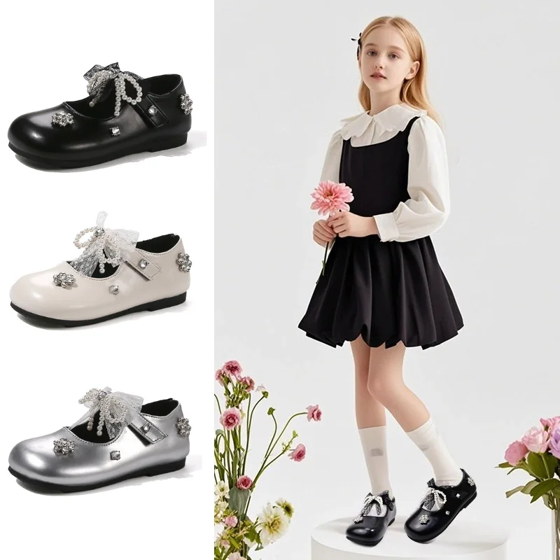 

Туфли принцессы для девочек, детские кожаные туфли на плоской подошве, детская повседневная обувь на мягкой подошве с кружевом и бабочкой для девочек, балетки Мэри Джейн