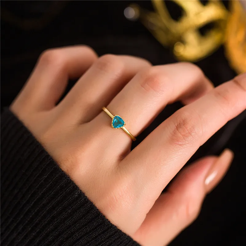 Real 925 Sterling Silver 18k Gold Plating Synthetic blue topaz heart open ring for women Light Luxury Fine jewelry