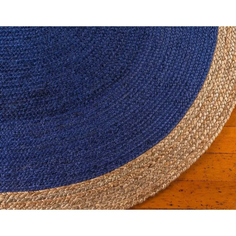 Round Blue Jute Reversible Carpet Natural Handmade Living Rustic Look Area Rug