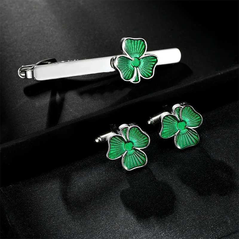 Set di fermacravatta e gemelli con quadrifoglio in smalto elegante per uomo e donna, accessori per gioielli con cravatta per camicia da ufficio