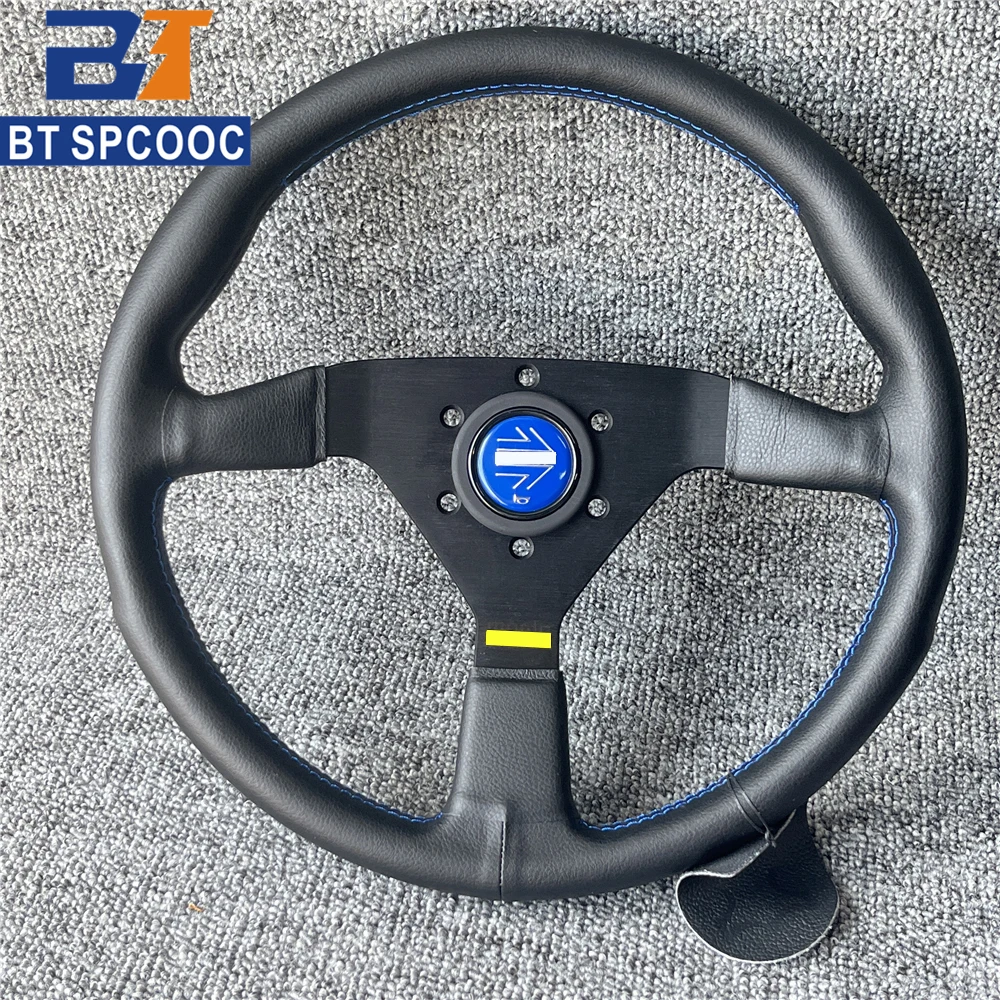 Blue Yellow Stitching Italy Style V1 Steering Wheel Real Leather 14inch 350mm Flat Italy Back Engraving Racing Street Sport