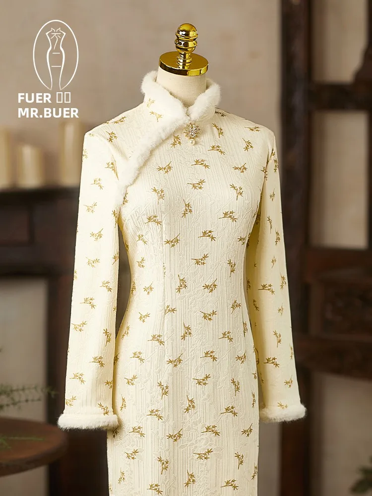 

Gold Spattered Thiened Long Sve Qipao Dr Women's Daily Wear Fce Lined Traditional Chinese Sle Mid-Length Gown