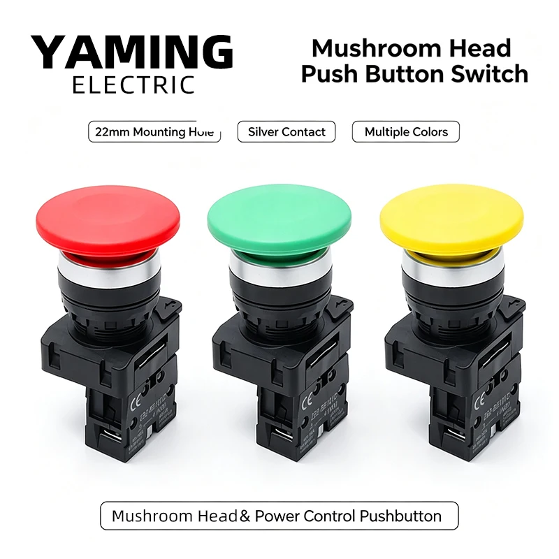 5pcs 22mm Mushroom Head Self-reset Momentary Push Button Switch 10A Silver Contact Industrial Control 1NO/1NC