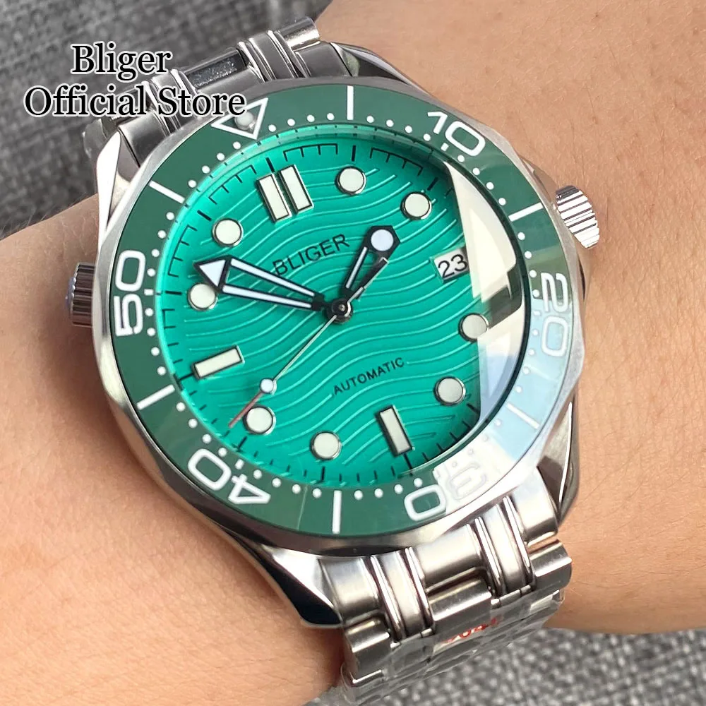 

BLIGER Luxury 41mm Green Dial Luminous Mechancial Men Watch Sapphire Glass NH35 Movement Steel Strap Ceramic Bezel Date Function