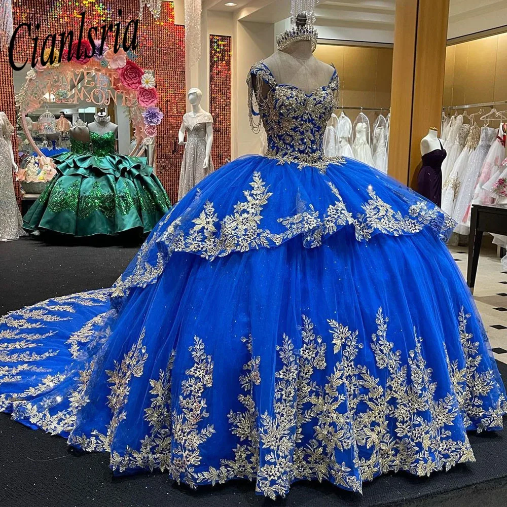 Gaun Pesta Sayang Biru Mewah Gaun Quinceanera Biru dengan Punggung Terbuka 2022 Renda Gadis Manis 15 16