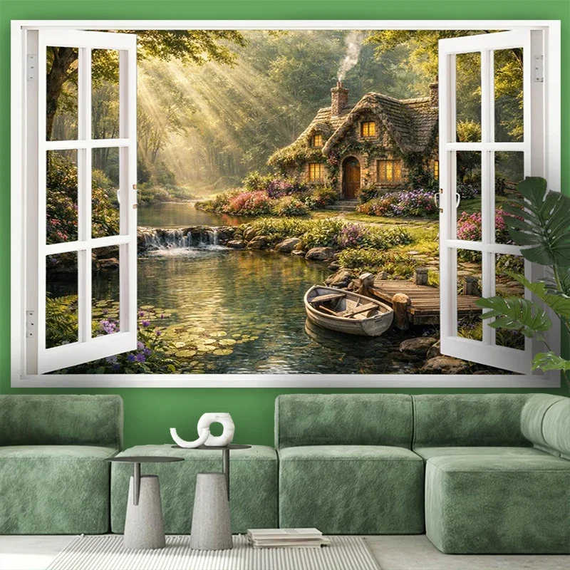 Rustic Cottage Stream View Wall Tapestry Waterproof Indoor Outdoor Home Decor Sunlight Forest Scene