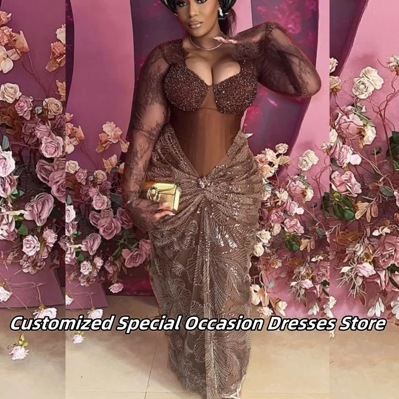 

Brown Sequre Collar Beaded Mermaid Evening Dresses Luxury Lace Applique Aso Ebi Wedding Party Dress Long Prom Gowns Customized