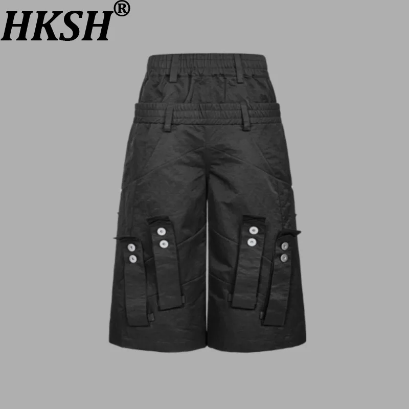 

HKSH Spring Summer New Man Tide Dark Nylon Loose Silver Buckle Strap Decorated Shorts Capris Ankle-Length Pants Chic Ins HK8482