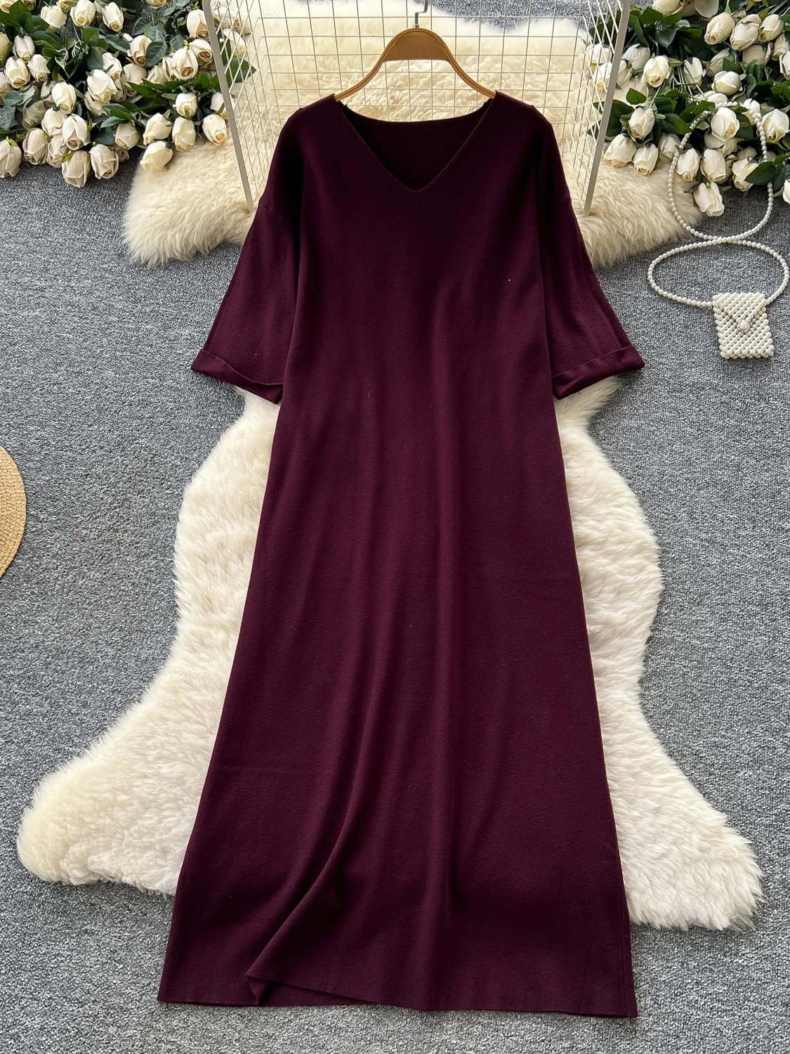 Vestido Casual de Manga 5/8 com Decote em V Estilo Relaxado Vestido de Suéter Solto e Emaecido para Mulheres Cintura Alta A...