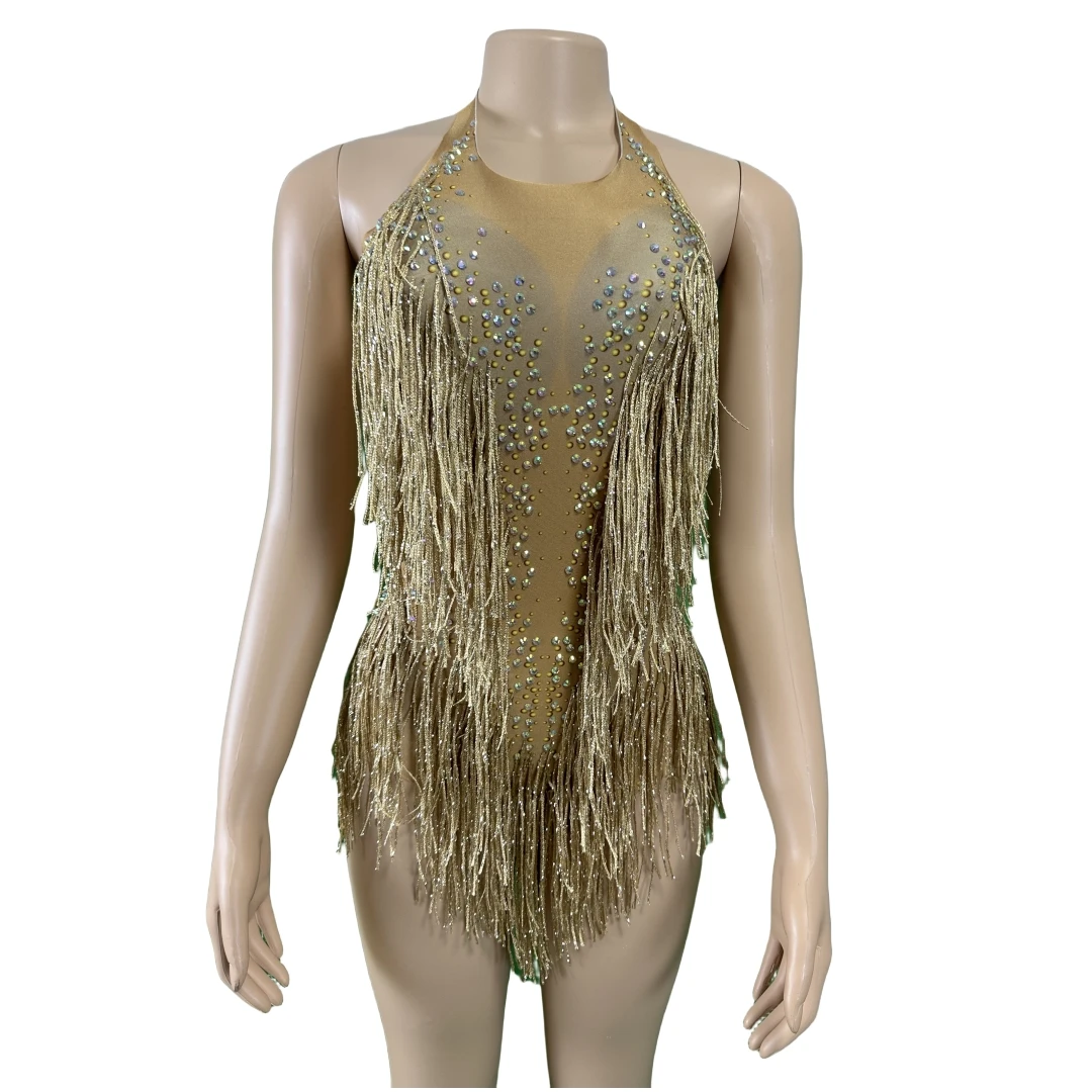 

Gold Fringe Rhinestone Bodysuits For Women Latin Dancer Singer Leotard Sparkly Las Vegas Show Stage Wear 2024 Drag Queen Outfit