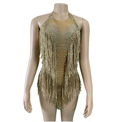 Gold Fringe Rhinestone Bodysuits For Women Latin Dancer Singer Leotard Sparkly Las Vegas Show Stage Wear 2024 Drag Queen Outfit