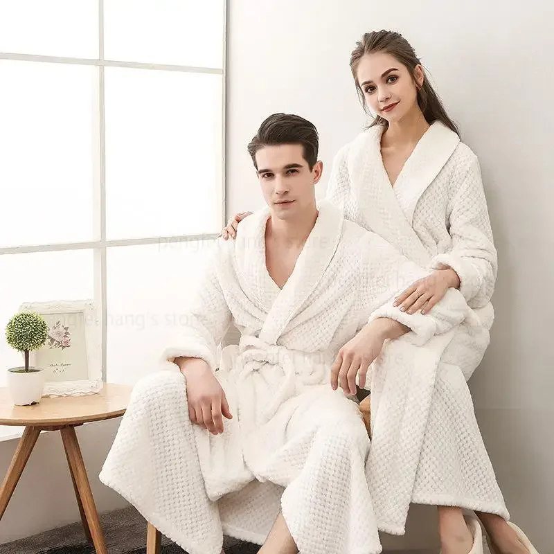 

inter Warm Plus Size Bath Robe Couple Sleepwear Women Extra Long Flannel Bathrobe Thermal Jacquard Peignoire Pour Femme Hiver