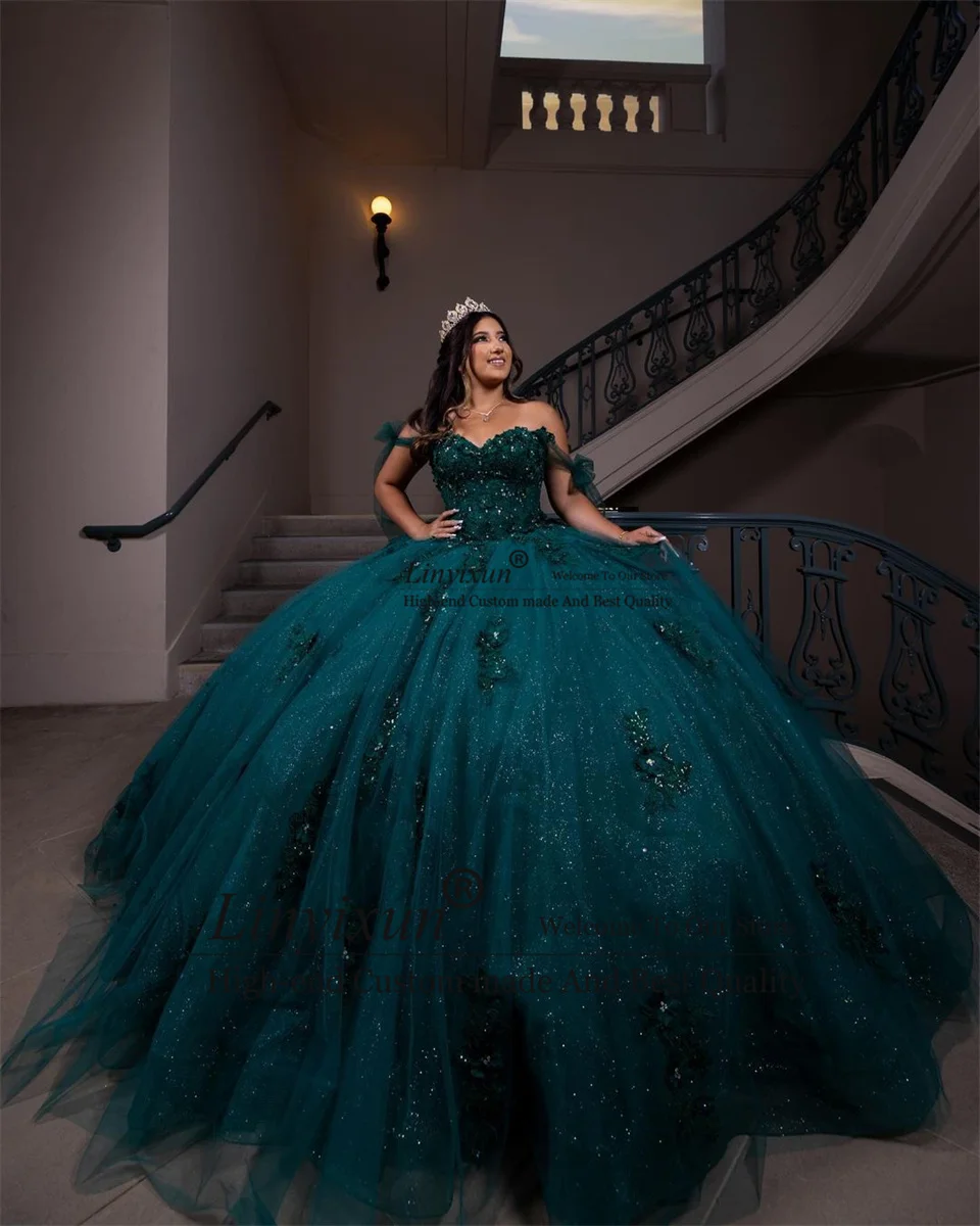 Elegance Emerald Green Quinceanera abiti Ball Gown Floral Applique Crystal Sweet 16 abiti festa di compleanno Vestidos De 15 aecos