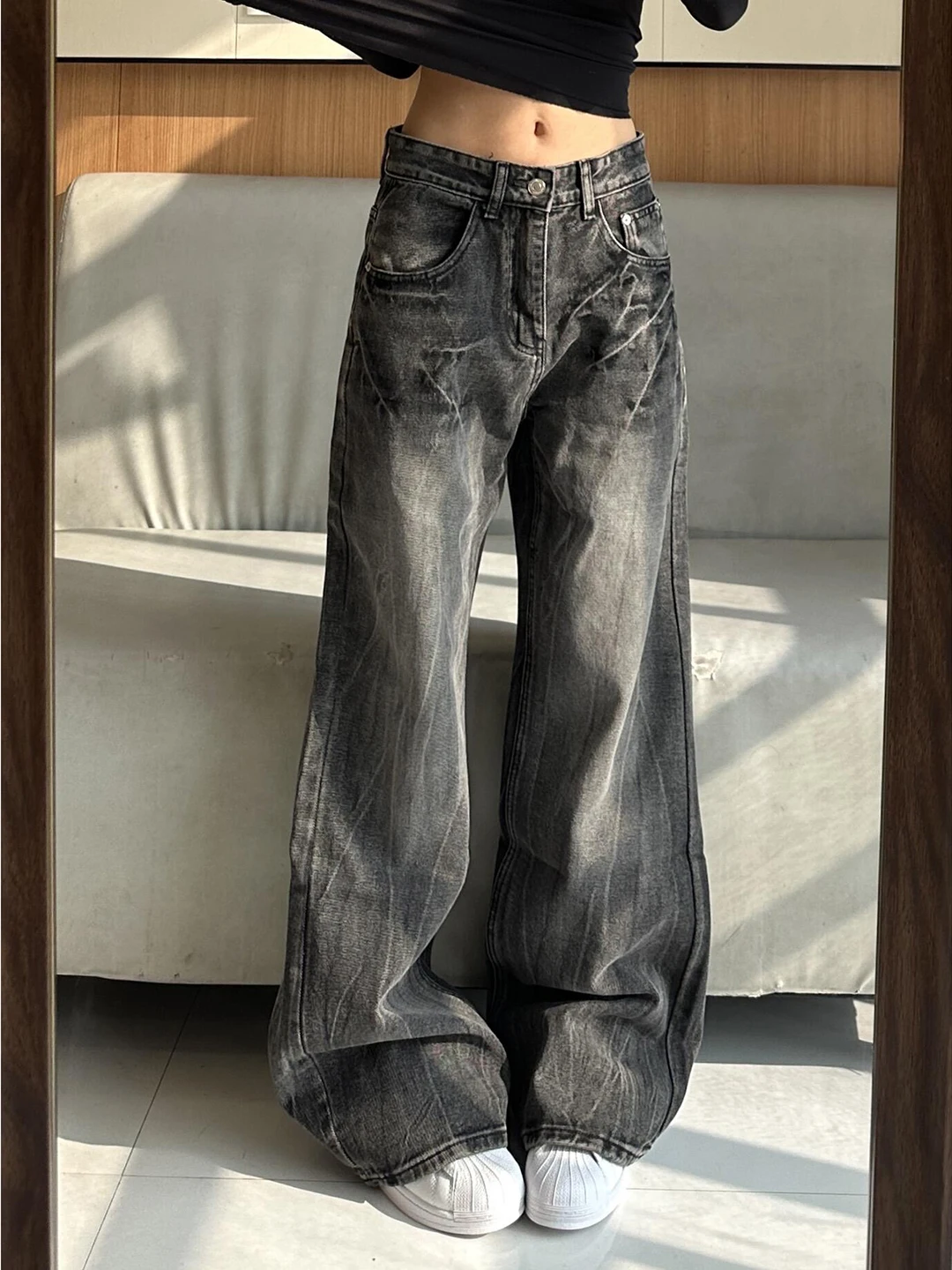 

Washed Black Grey Lightning Pattern Men's Jeans Winter American Straight Leg Fleece Lined Wide Leg Pants Micro Flared Knife P...