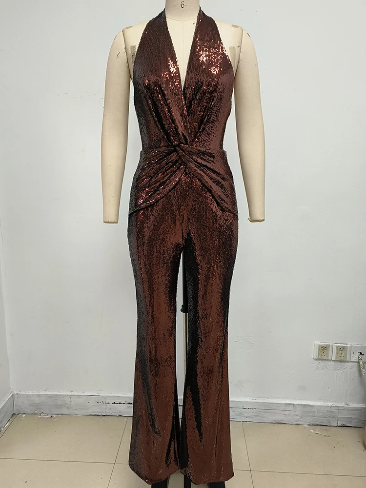 جديد 2025 جمبسوت نسائي مثير بفتحة رقبة على شكل V عميقة موضة صيفية أنيقة بدون أكمام بخصر عالٍ للحفلات في الشارع ثوب فضفاض مستقيم #6