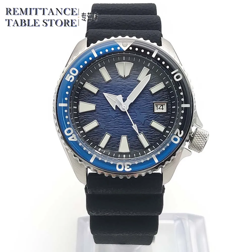 Men\'s Gradient Blue Watch NH35 Automatic Mechanical Movement Black Rubber Strap Single Rotating Bezel Men\'s Clock