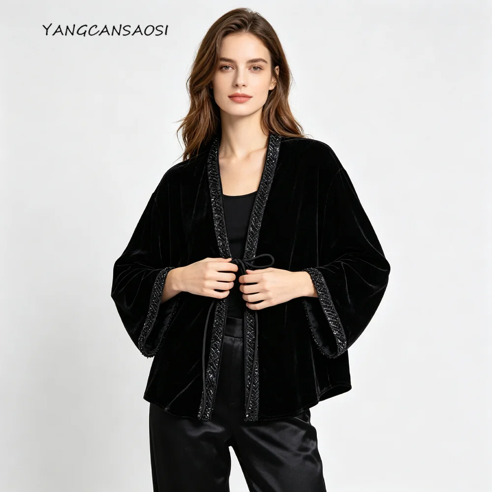 Women's Fashion Autumn New Heavy Duty Nail Bead 30% Natural Mulberry Silk Velvet Black Gorgeous Strap V-neck Loose Coat Cardigan