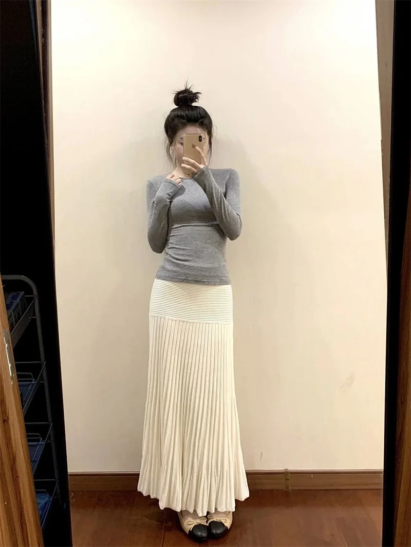 

Women Skirt Solid Simple Elegant Korean Knitted Long Skirt A-line High Waist White Black Pleated Skirt Winter Spring Autumn