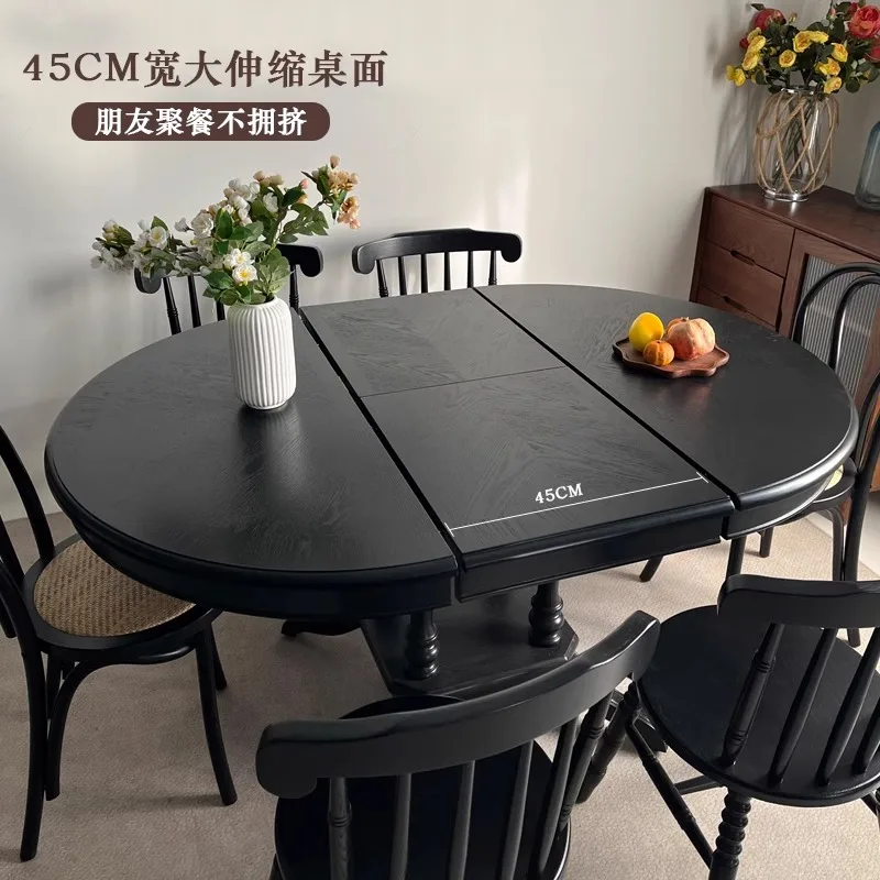 

French retro round dining table black medium and ancient style round American solid wood round dining table foldable