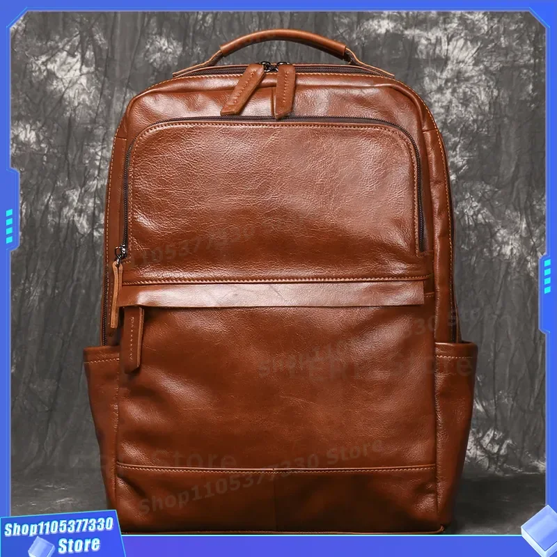 Retro First Layer Cowhide Men Travel Backpack Large Capacity Leather Computer Bag For Women European American Style New