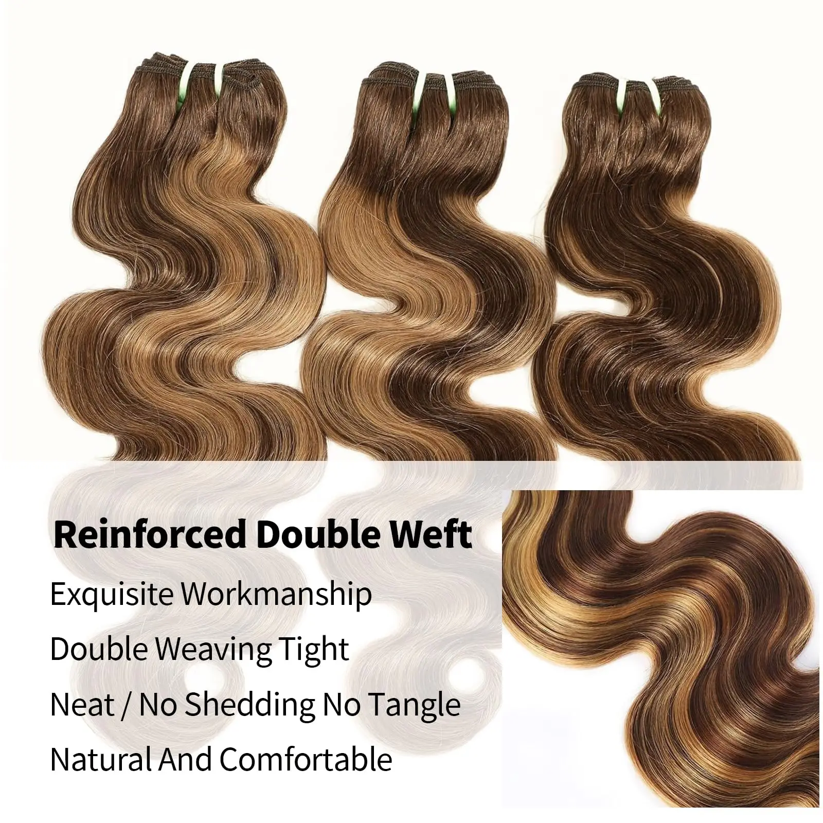 4/27 สีน้ําตาล Highlight Body WAVE มนุษย์ผม 16A Ombre สีบลอนด์รวมกลุ่มต่อผมมนุษย์ธรรมชาติที่ยังไม่ได้มนุษย์ผม