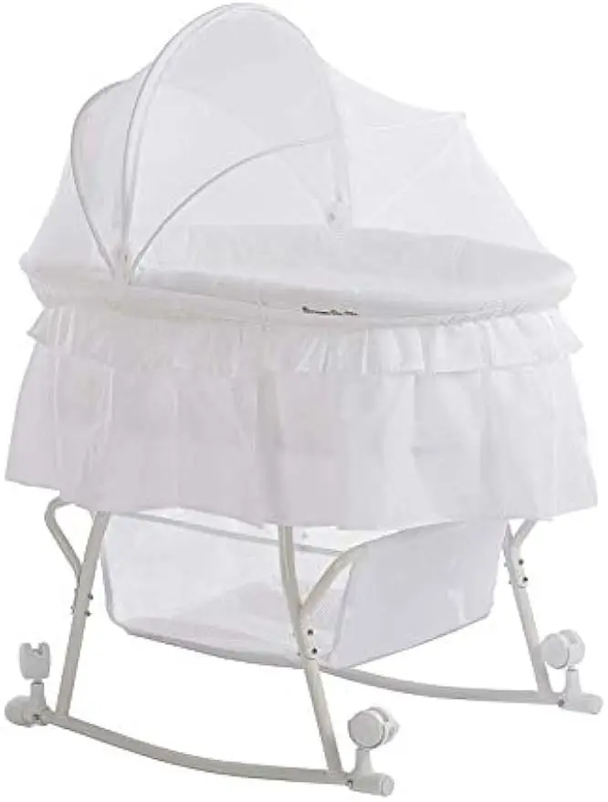Portable 2-in-1 Bassinet & Cradle with Canopy, Storage Basket, Locking Wheels, Lightweight Frame - White