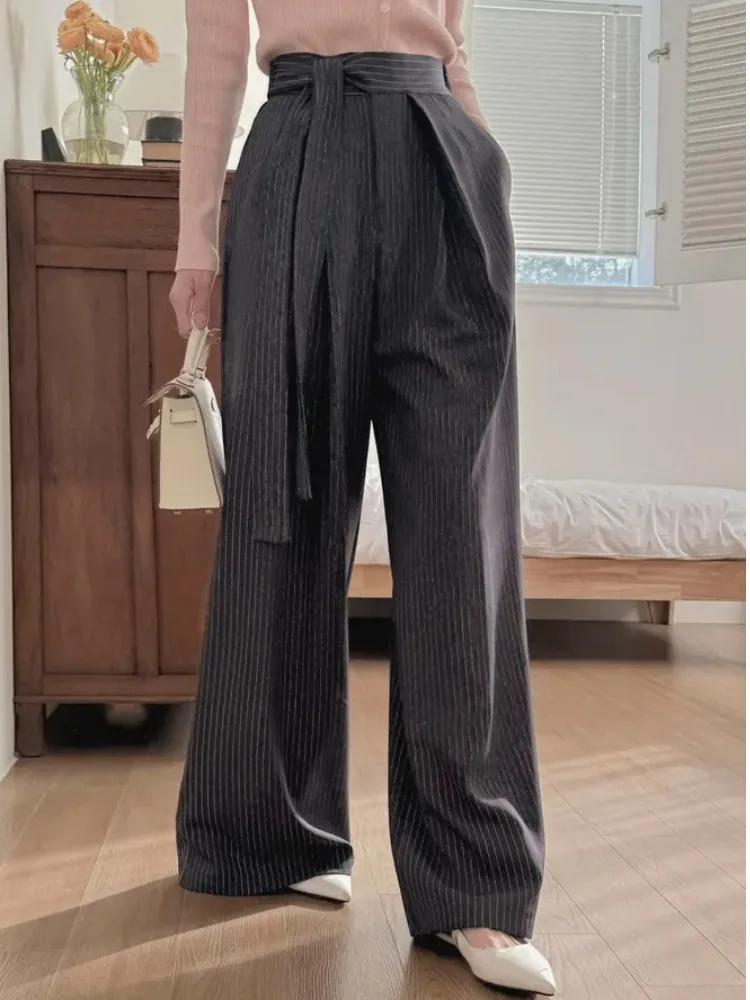 

Retro Contrast Color Stripe Suit Pants Casual Women's Early Autumn New Design Belted Pleated Long Trousers Commute Sle