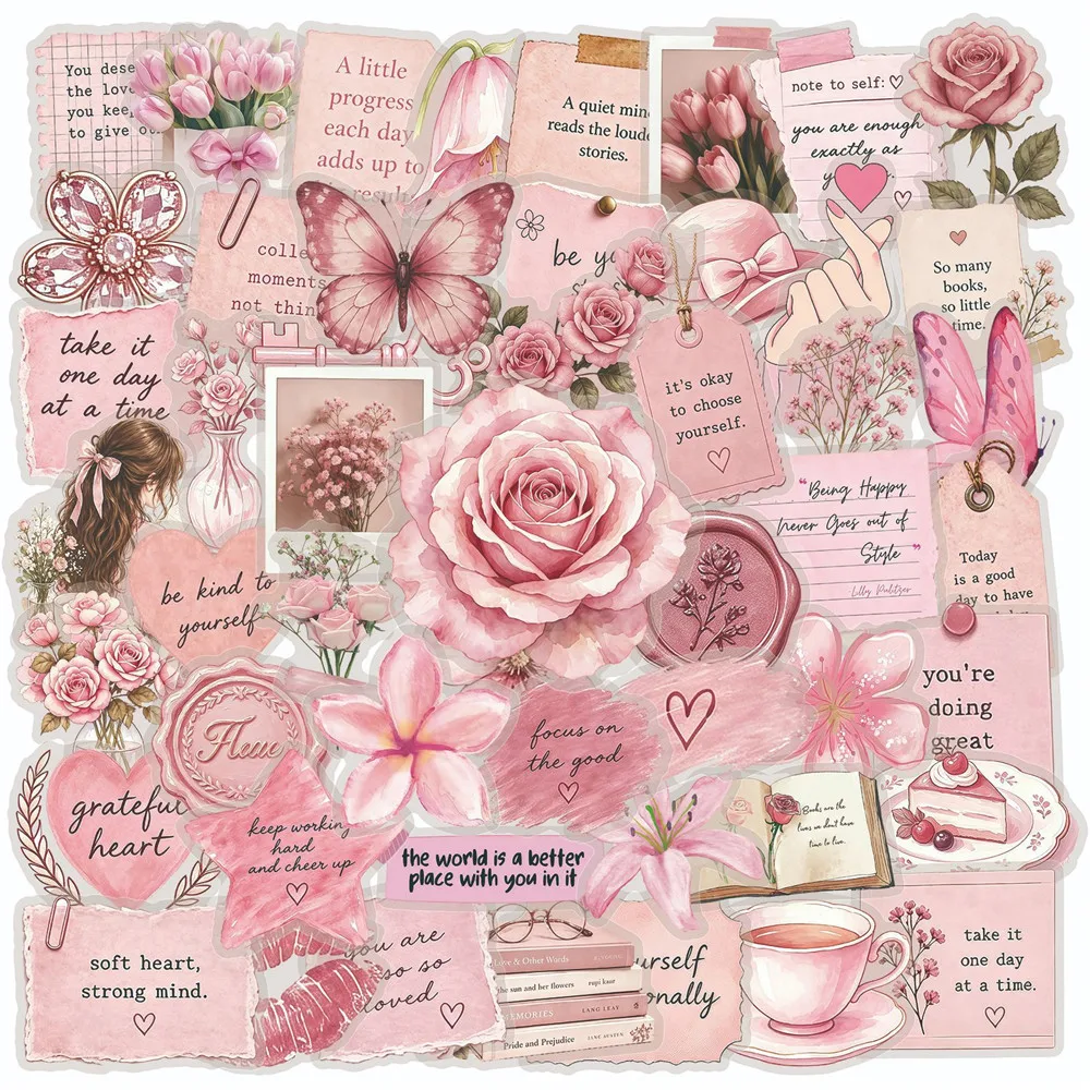50PCS Watercolor Pink Inspirational Double Transparent Exquisite Retro Painting Stickers Student DIY Material Non Repeated Decal