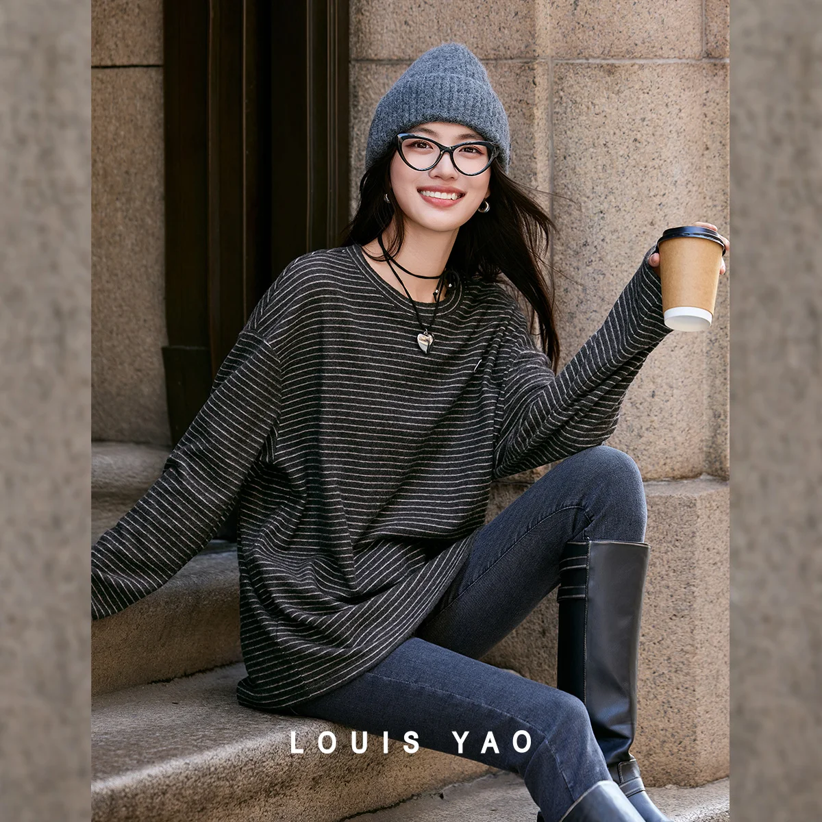 LOUIS YAO Dark Gray Striped Knitted Long-Sleeve Top 2025 Autumn & Winter Casual Stylish Lazy Vibe Loose-Fit Women's T-Shirt