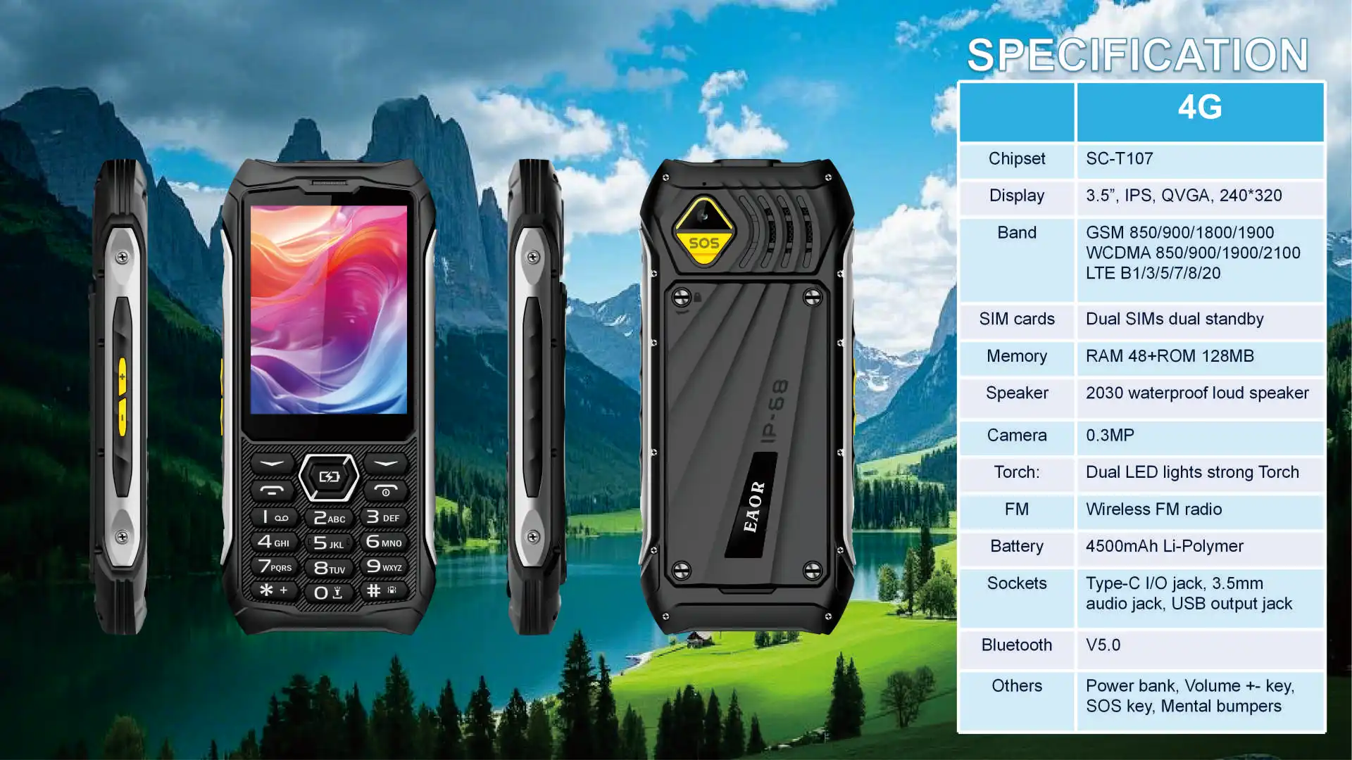 EAOR 336-4G Slim Rugged Phone IP68 Real Three-Proof Feature Phone Big Battery Dual SIM Keypad Phones with Glare Torch Telephone