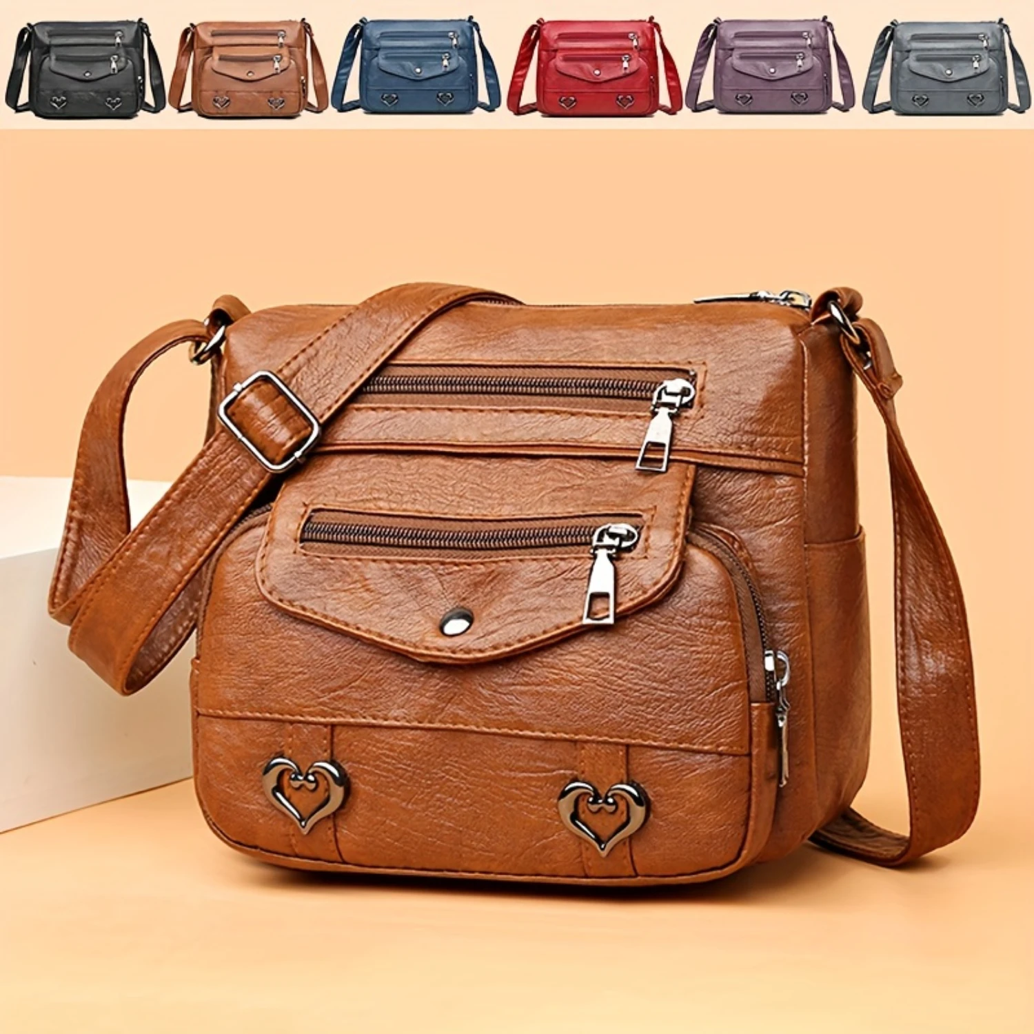 

Retro Multi Pockets Crossbody Bag, Faux Leather Shoulder Bag, Heart Decor Purse - Women's Fashion