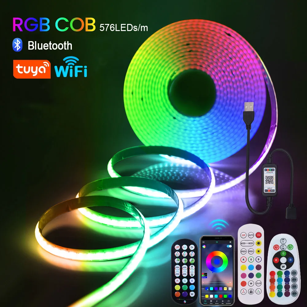 Wifi Bluetooth-compatible RGB COB LED Strip Light 5V 24key 44key Kit Remote Control 576LED High Density Linear Lights Flex Tape