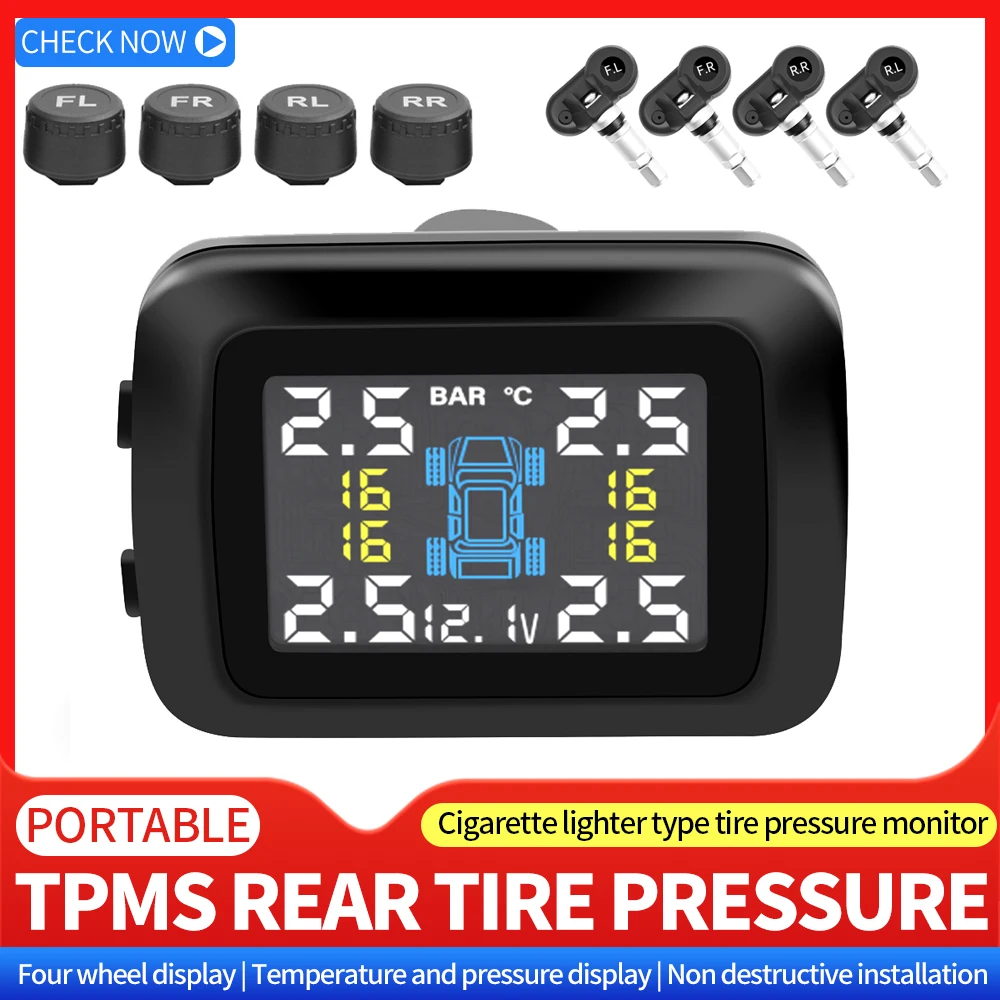 Cigarette Lighter TPMS Car Tire Pressure Monitoring System, Tyre Pressure & Temperature Alarm Gauge with 4 In/External Sensor