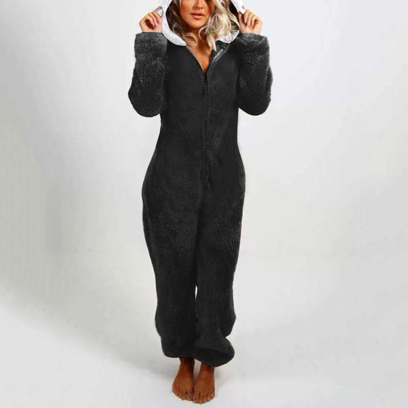 

Winter One-piece Pajamas Thickened Cute Bear Homewear Onesies Women Hooded Loungewear Rompers Faux Fur Jumpsuit Zipper Sleepwear