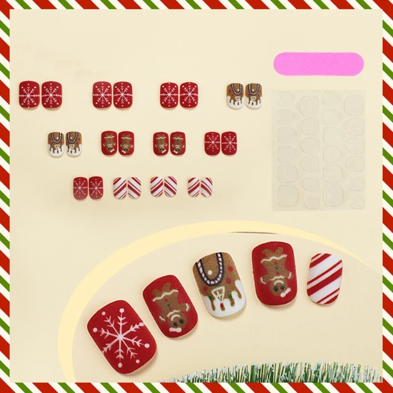 Fashion Press on Nails Short Square False Full Cover Art Tools Set For Creating Christmas Snowman Manicure