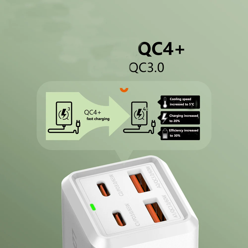 Multi Outlet Power Strip With 2pcs PD3 2pcs QC3.0 100-240V Wide voltage US Plug for light Computer fan 2m Extender Cable Socket