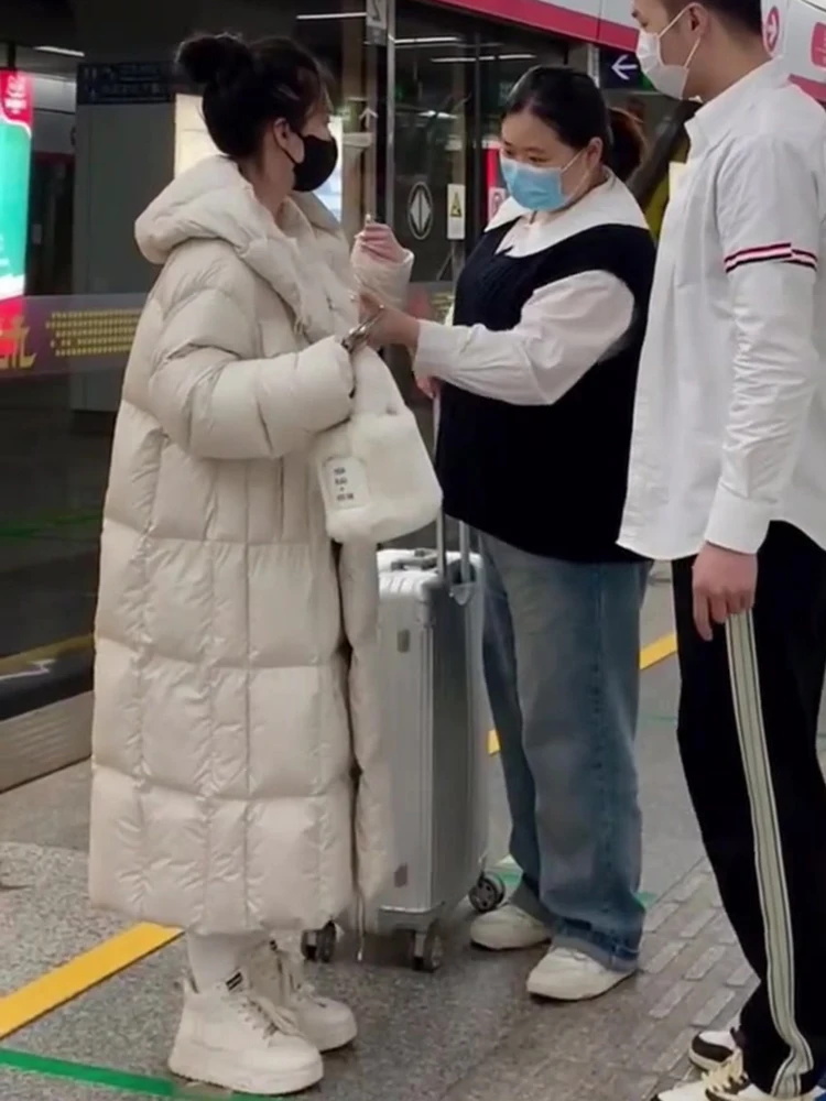 Faionable White Du down Jaet Women's Thiened Warm Button Long Bread Sle Coat Casual Loose Fit Winter New Arrival