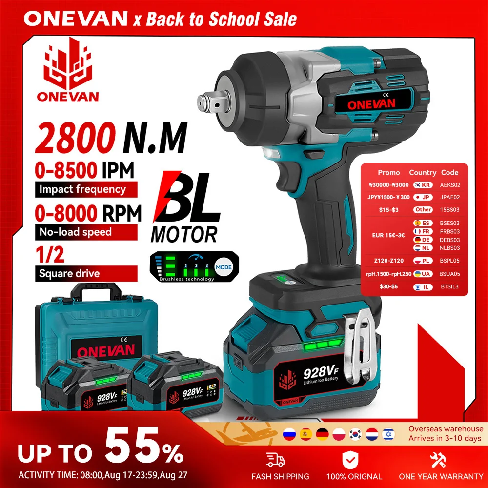 ONEVAN 2800N.M مفتاح ربط كهربائي بدون فرشاة 1/2 بوصة مفتاح عزم دوران لاسلكي مفك أداة كهربائية لدبوس بطارية ماكيتا 18 فولت
