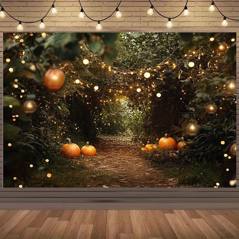 1 piece of magical forest trail background cloth with pumpkin and hanging warm light - no electricity required