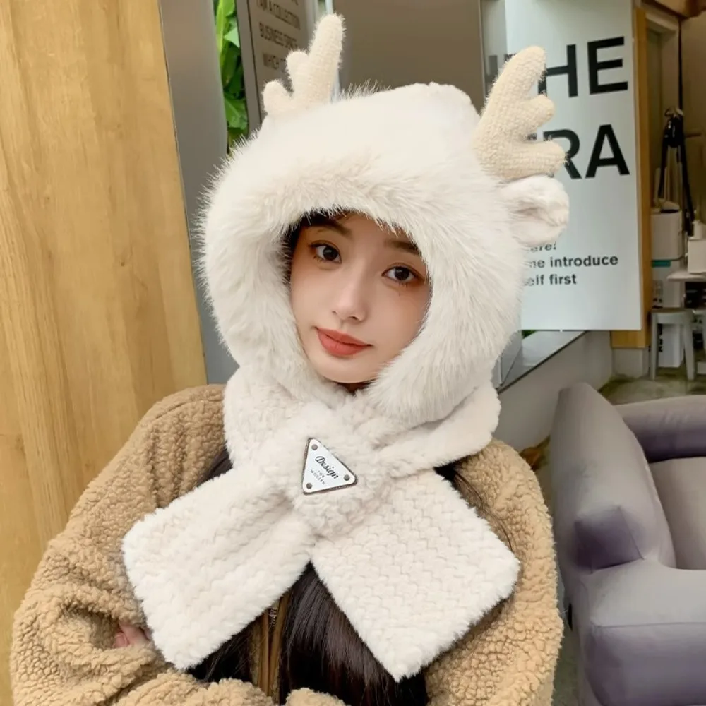 

Cute Soft Fur Women Hooded Scarf Cross Elk Antler One Piece Hat Scarf Windproof Winter Ear Protection Hat Neckerchief