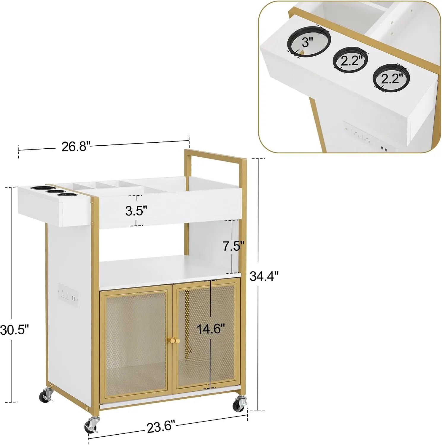 Rolling Salon Cart Power Outlet Barber Trolley Metal Tool Holder Storage Cabinet Beauty Salon Equipment Mesh Doors Hair Stylist