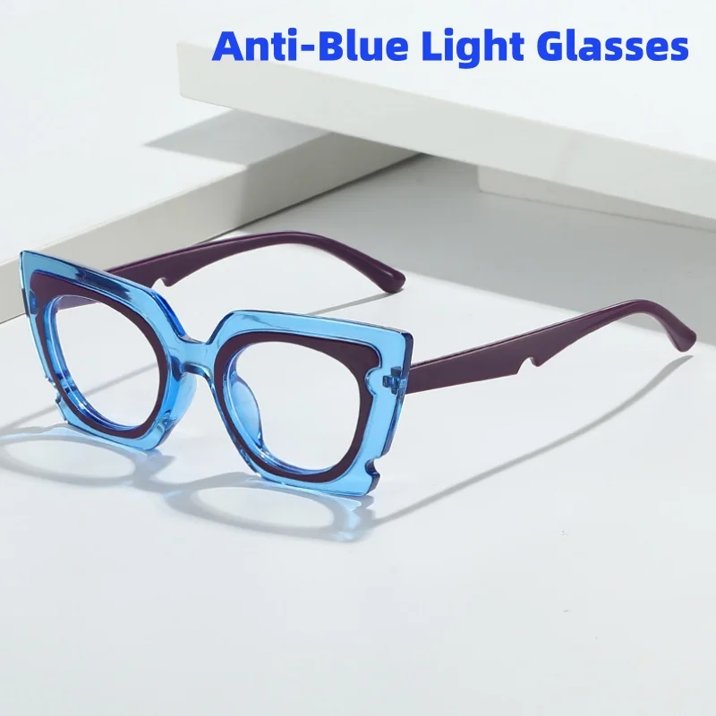 

Large Frame Cat Eye Anti-Blue Light Glasses for Daily Streetwear Fashionable Patchwork Plain Glasses for Women and Men