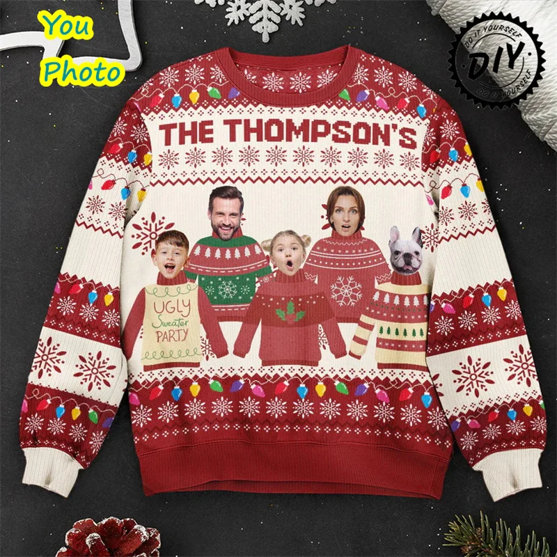 Diy Image 3D Printed Photos Ugly Christmas Sweater Personalized Kawaii Pet Photo Sweatshirt Customize Face Family Gift Pullovers