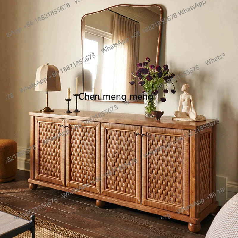 

French Vintage Rattan Woven Solid Wood Sideboard American Antique Designer Living Room White Ash Storage TV Cabinet