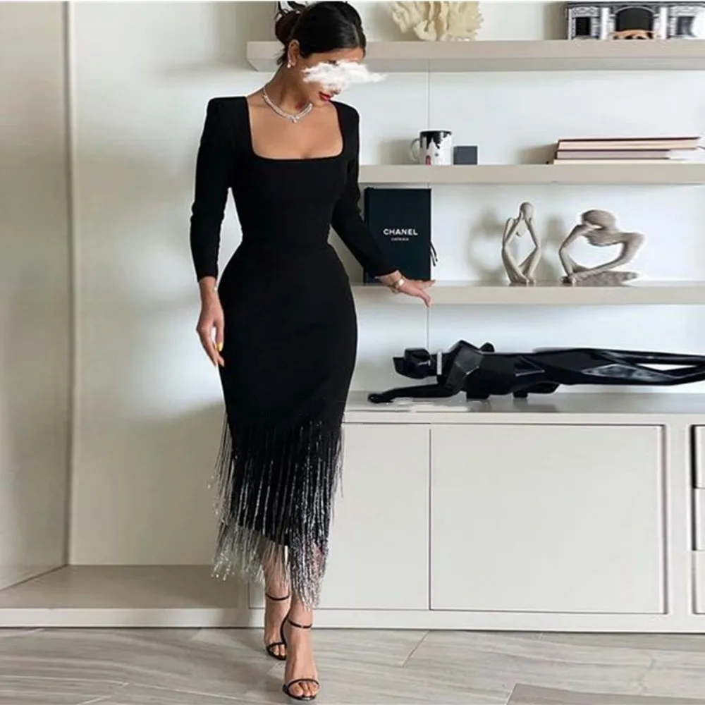 Customized wedding Black Mermaid Evening Dresses for Women Square Neck Long Sleeves Cocktail Party Bride Wear Tassels Prom Gown