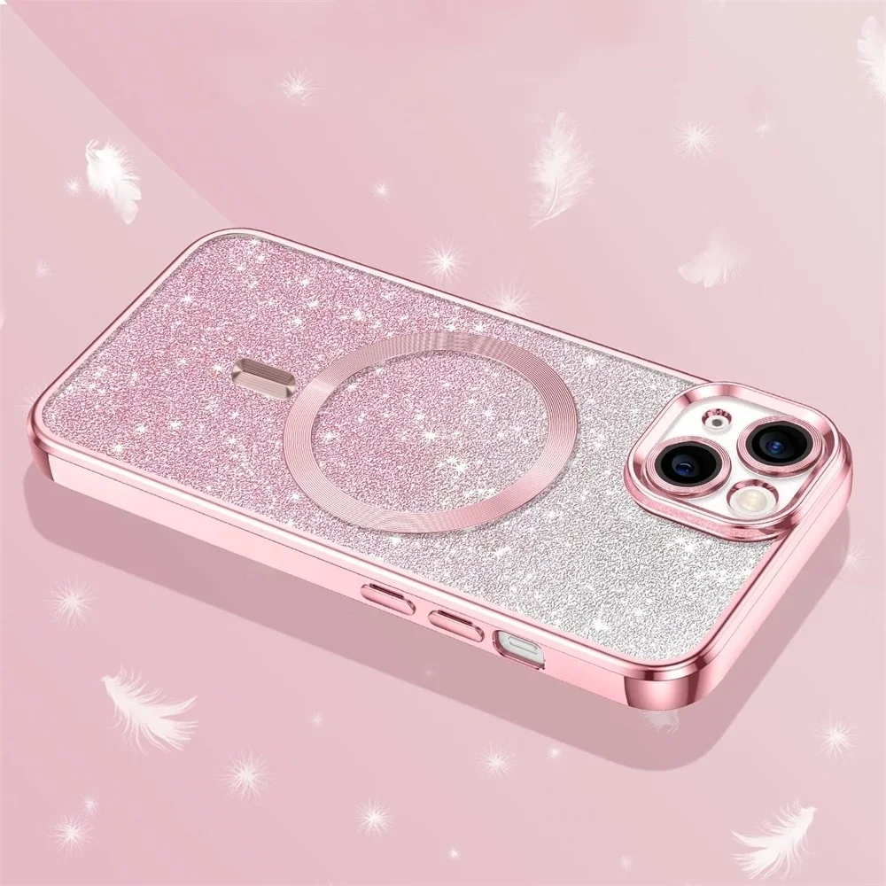 Luxury Shiny Case For iPhone 16 15 14 13 12 11 ProMax Plus Shockproof Soft Bumper Magsafe Stylish Magnetic Wireless Charge Cover