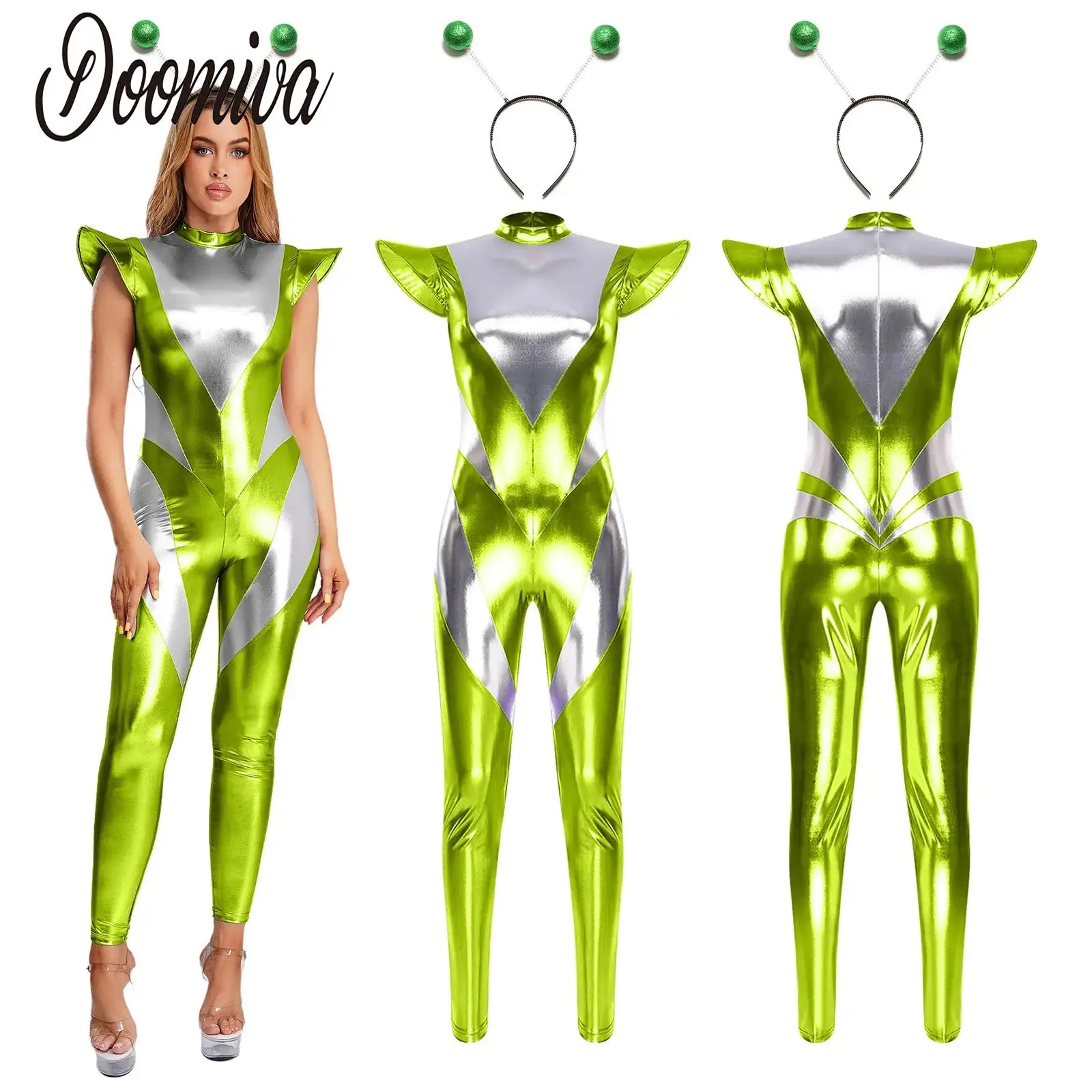 

Women Alien Astronaut Cosplay Halloween Costume Shiny Metallic Fly Sleeve Leggings Jumpsuit Hairband Set for Spaced Themed Party
